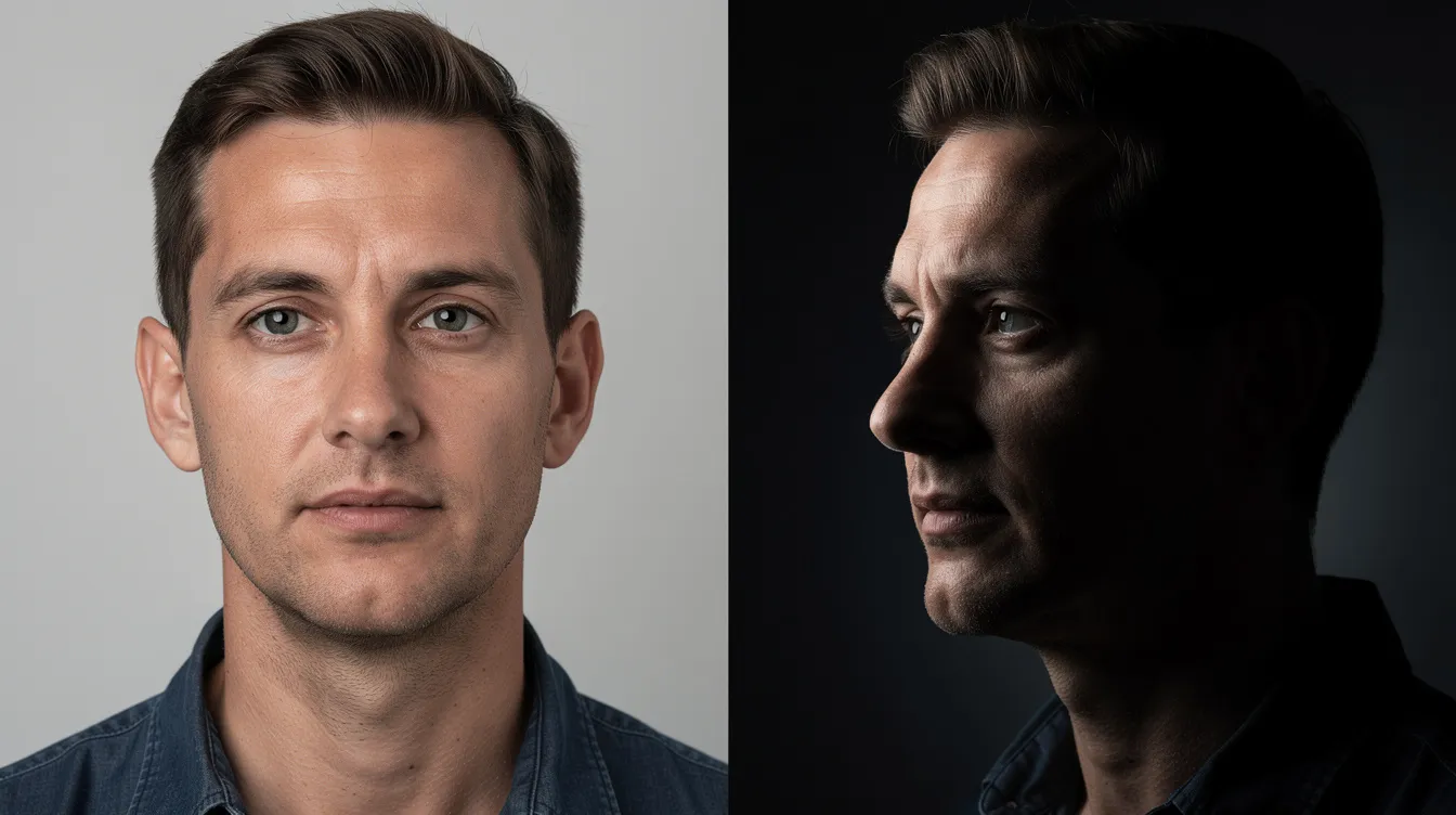Das Bild zeigt zwei Porträts nebeneinander: Links ist die Person frontal beleuchtet mit flachem Licht und ohne Schatten, während rechts eine dramatische Lichtsetzung mit Seitenlicht und tiefen Schatten im Gesicht zu sehen ist. Diese unterschiedliche Lichtgestaltung verdeutlicht die Wirkung von Licht und Schatten in der Portraitfotografie.