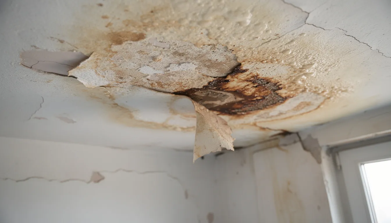 The image shows a close-up view of a water-damaged ceiling, highlighting significant discoloration and peeling paint, which may indicate mold growth. The visible damage suggests excess moisture and potential health concerns related to indoor mold growth.