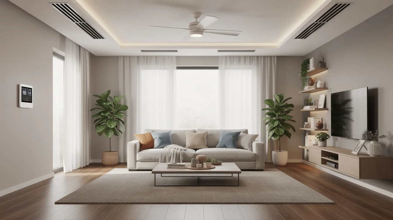 The image depicts a cozy modern living room featuring visible ceiling vents that are part of an efficient air conditioning system, ensuring optimal climate control. The room is designed for comfort, showcasing how a properly sized carrier air conditioner can effectively cool the space while contributing to energy savings.
