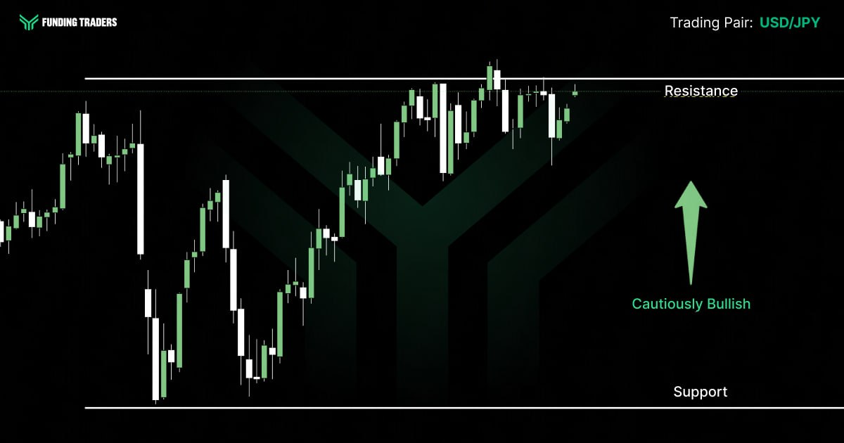 USD/JPY candlestick chart from Funding Traders showing a strong upward rally from a support level toward resistance, where price is now pulling back after multiple failed attempts to break through, with a green upward arrow labeled "Cautiously Bullish" signaling expectation of another push higher despite the resistance overhead.