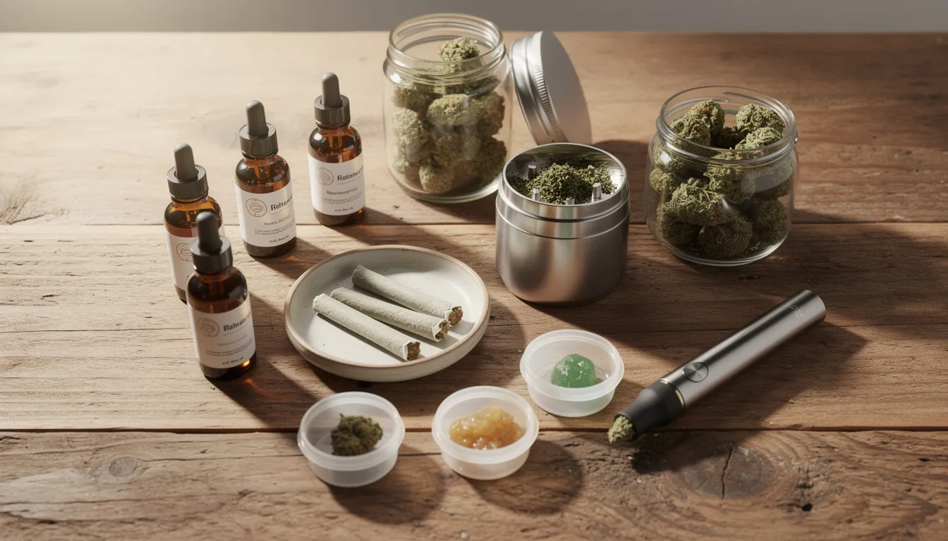 Auf einem Holztisch sind verschiedene Cannabinoid-Produkte arrangiert, darunter HHC Vapes, Blüten und Edibles. Diese Produkte repräsentieren die Vielfalt der Cannabinoide und deren Anwendungsmöglichkeiten, während sie eine entspannende Wirkung versprechen.