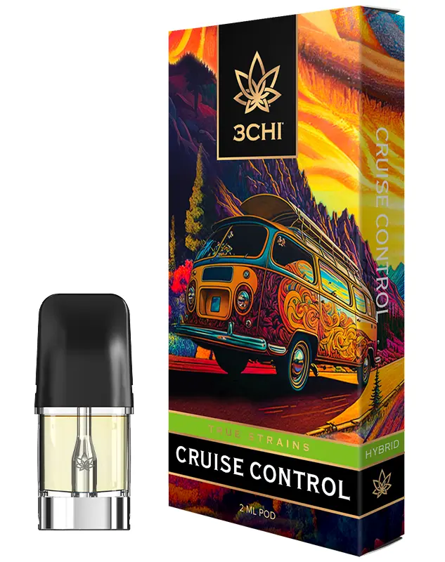 3CHI's Cruise Control may offer a euphoric effect with the calming nature of the CBD present in the vape pod.