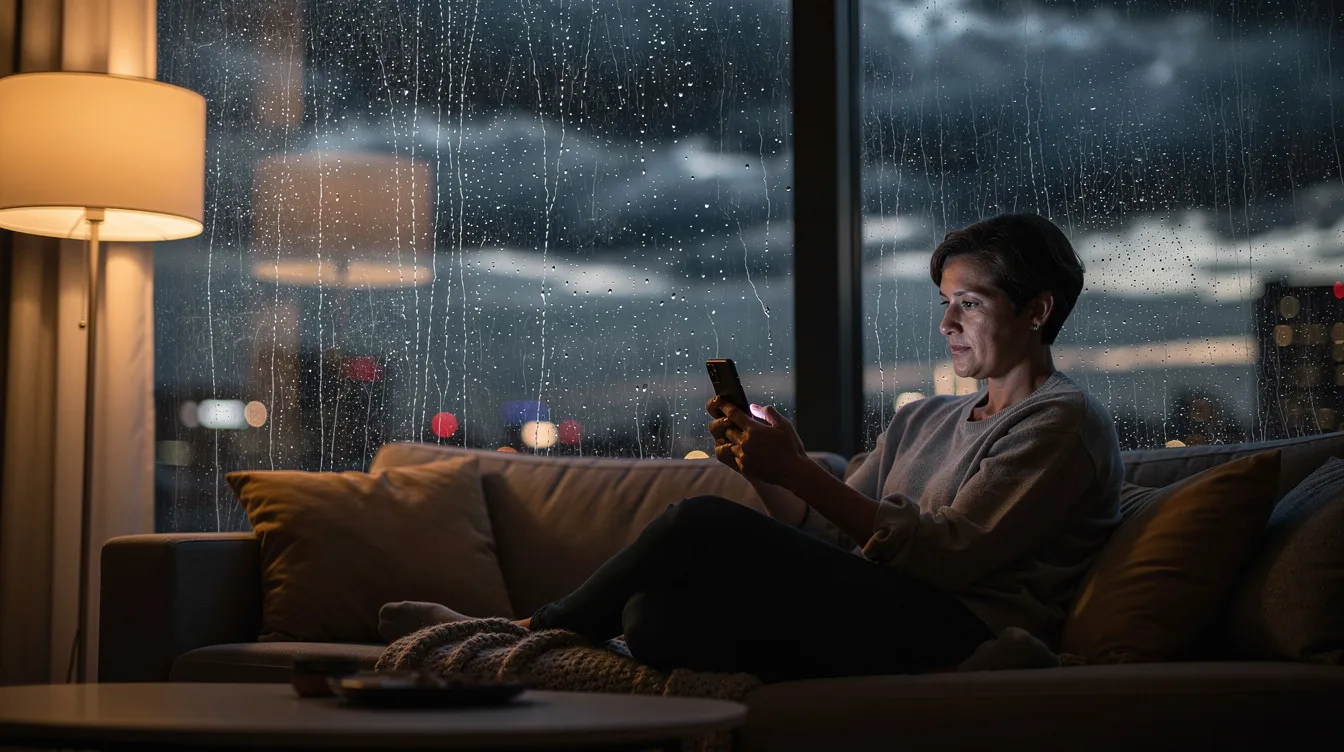 A person is sitting comfortably at home, focused on their smartphone while heavy rain pours outside the window, creating a cozy indoor atmosphere. The scene suggests a moment of reflection, possibly considering a loan application or exploring quick approval options for financial solutions.