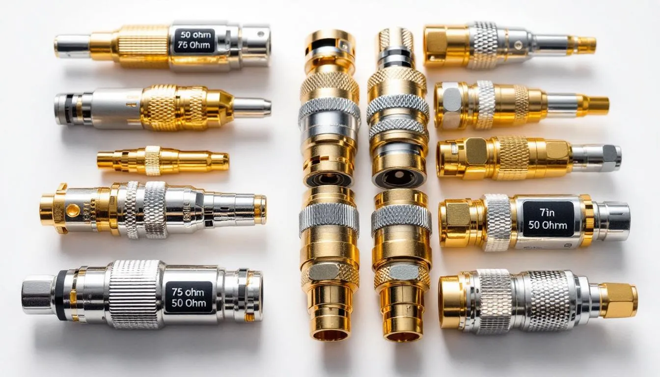 Sammlung von Steckern in 50-Ohm- und 75-Ohm-Versionen mit Gold- und Nickelbeschichtung