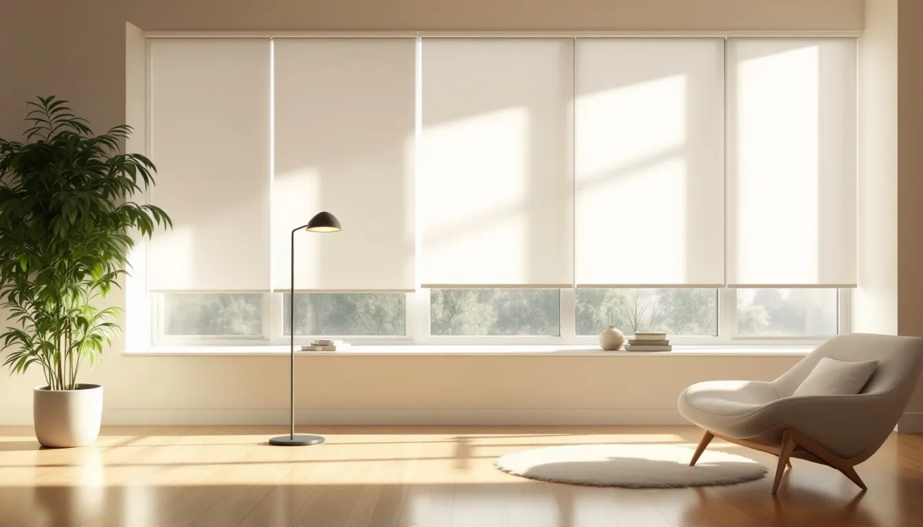 Eco-friendly roller shades in a bright, airy room filled with natural light.