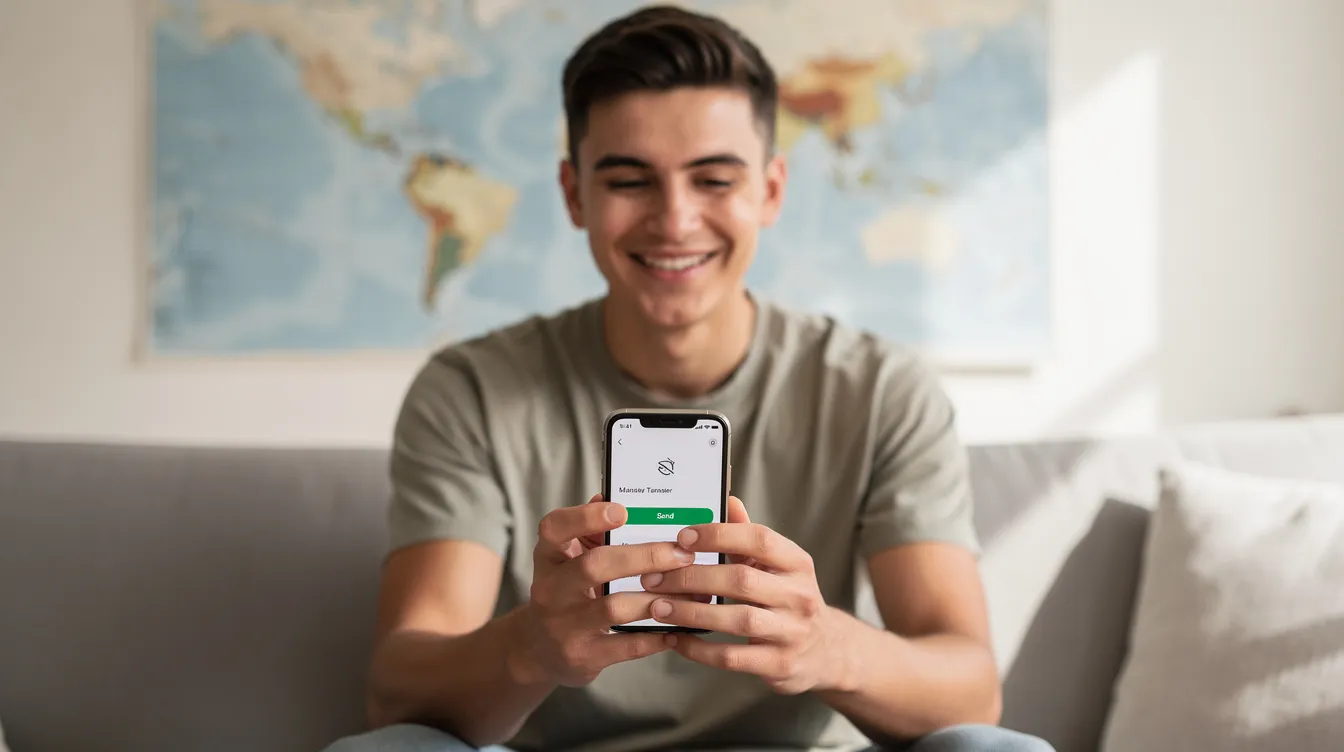 A smiling person is using a smartphone to send money, with a faint world map in the background, symbolizing the global reach of digital payments and financial management services. This image reflects the modern approach to finance and payment solutions prevalent in the Middle East and beyond.