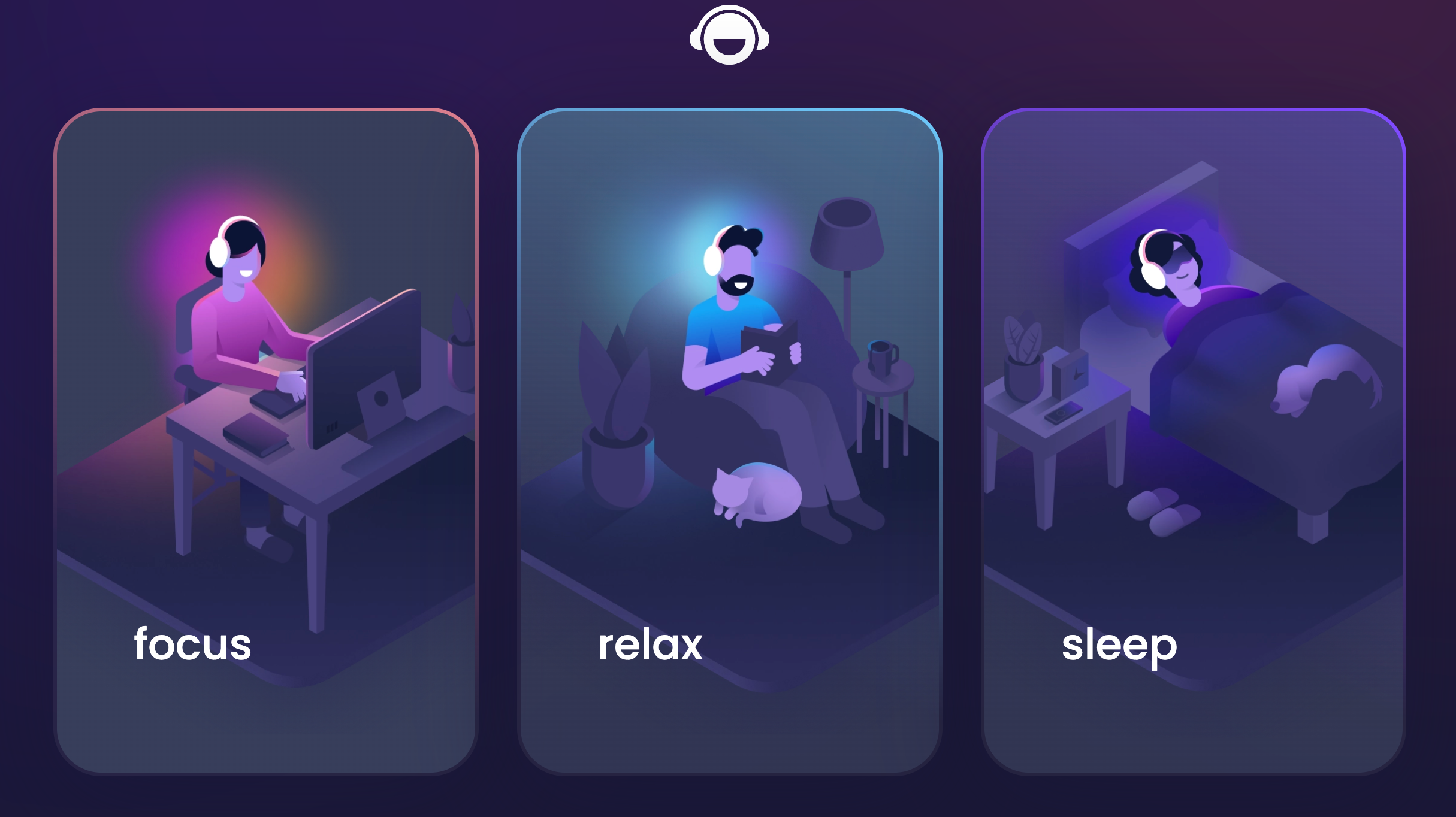 Brain.fm images showing animated characters focusing, relaxing, and sleeping
