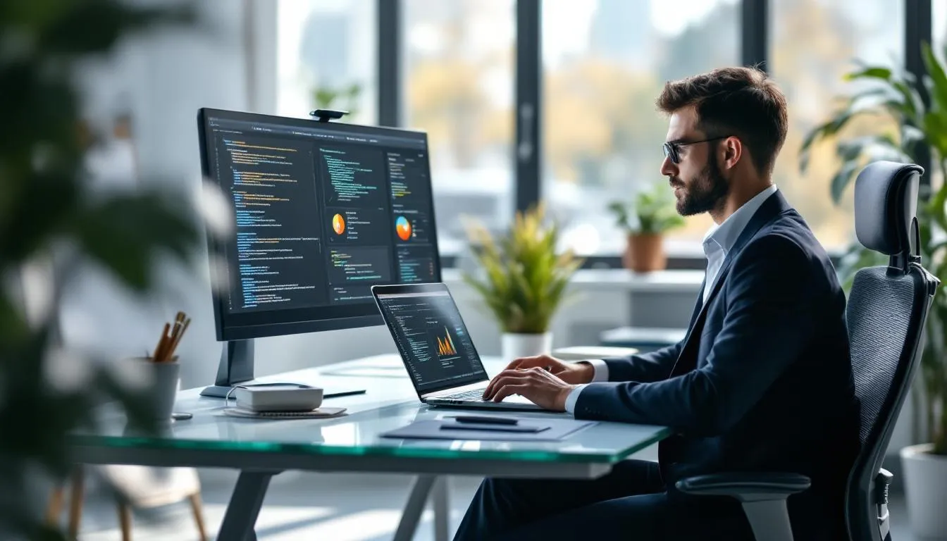 A professional is focused on their work while using AI productivity tools on a modern laptop in a bright office environment, highlighting the integration of artificial intelligence in project management and content creation. The scene conveys a sense of efficiency and innovation, showcasing the benefits of AI in everyday tasks.