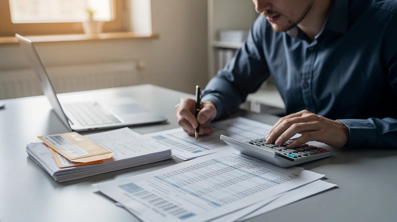 6b451a8c fec2 44d3 abdd 0da41b9ca39a A person is seated at a desk, carefully reviewing financial documents and bank statements while using a calculator, suggesting they are assessing their cash flow and preparing to apply for a loan from a financial institution. This scene highlights the importance of understanding eligibility criteria and details for funding micro enterprises and mudra loans.