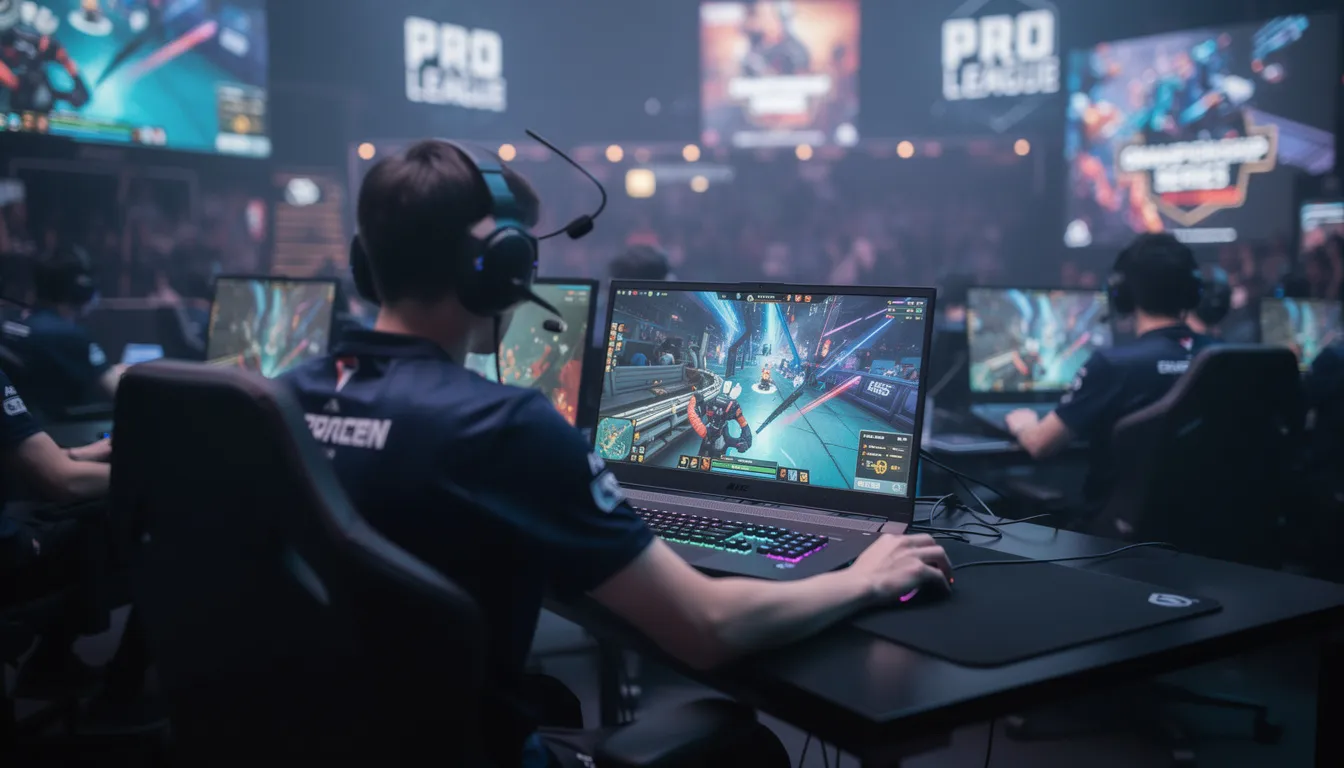 A competitive esports tournament setting showcases multiple players intensely focused on their gaming laptops, which feature cutting-edge technology and high processing power. The scene highlights the excitement of gaming with various brands like ASUS, Lenovo, and MSI, emphasizing the popularity of gaming computers and the option for gamers to rent these powerful devices for optimal performance.