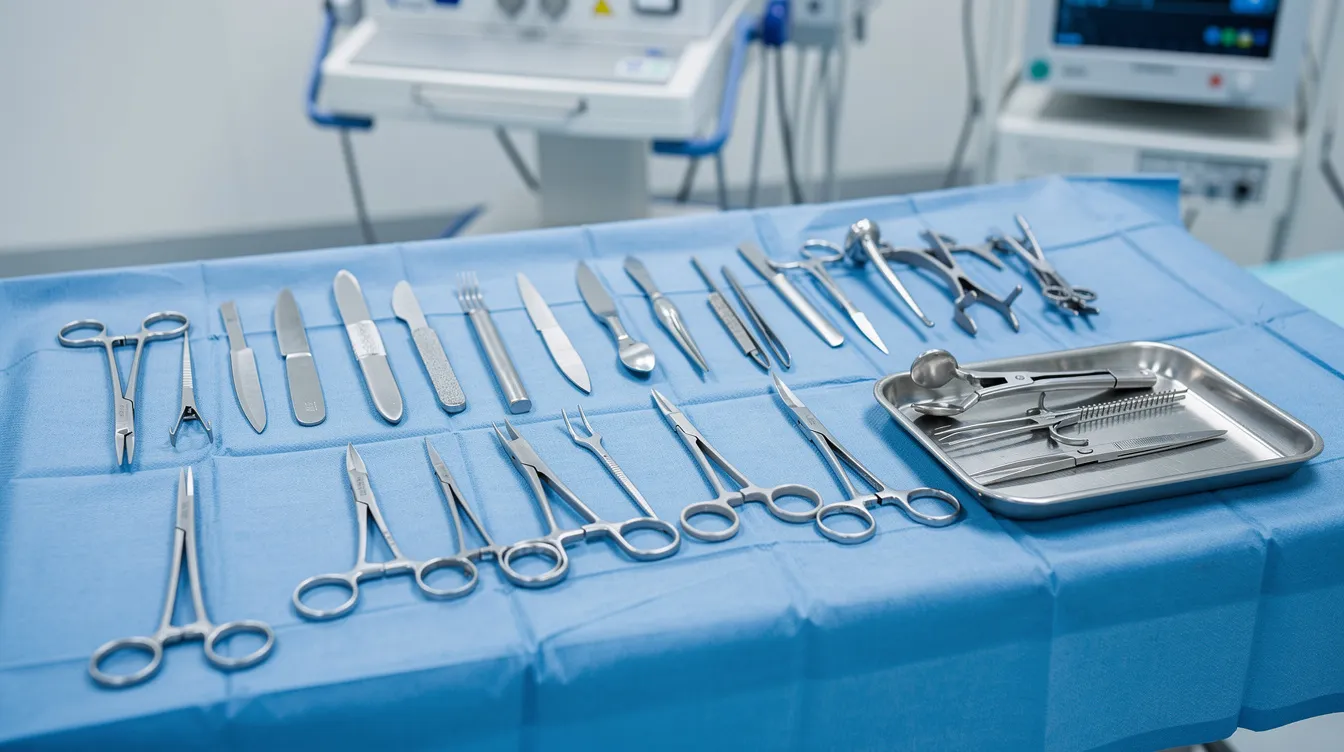 La imagen muestra una mesa quirúrgica limpia y preparada, con instrumental estéril dispuesto para un procedimiento de cirugía, posiblemente relacionado con la braquioplastia o lifting de brazos. El ambiente refleja un entorno médico seguro, ideal para la intervención de pacientes que buscan corregir el exceso de piel en la parte superior del brazo.