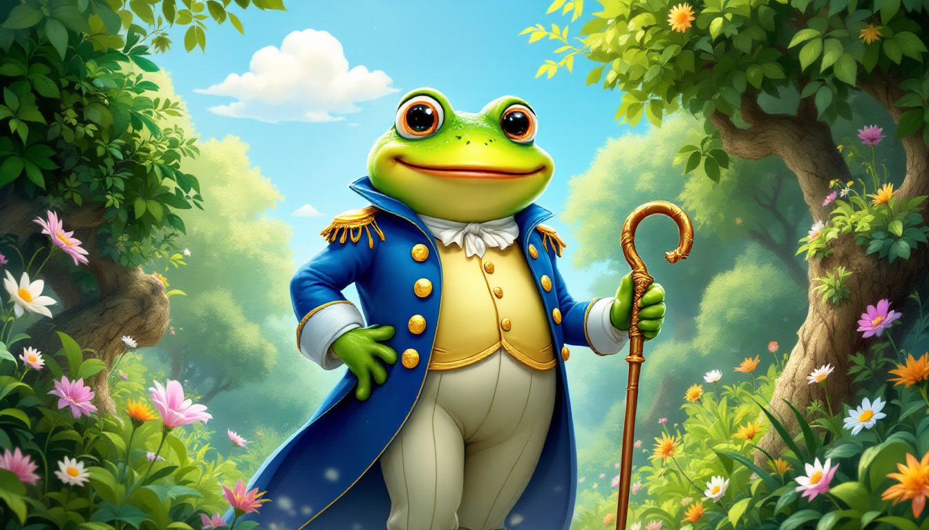A classic illustration of a frog prince from a fairy tale.