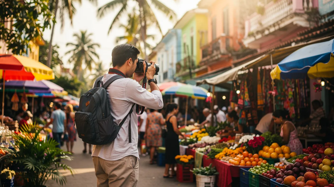 A person is capturing the vibrant atmosphere of a tropical street market with a camera, surrounded by colorful stalls filled with fresh produce and local crafts. This scene reflects the adventurous spirit of digital nomads who explore different cultures while enjoying the freedom of remote work in beautiful locations around the world.