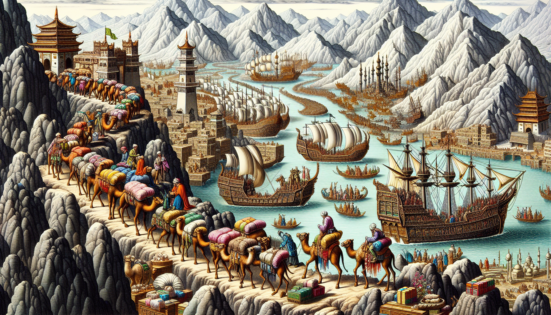 Illustration of bustling trade routes and commerce facilitated by the Mongol Empire