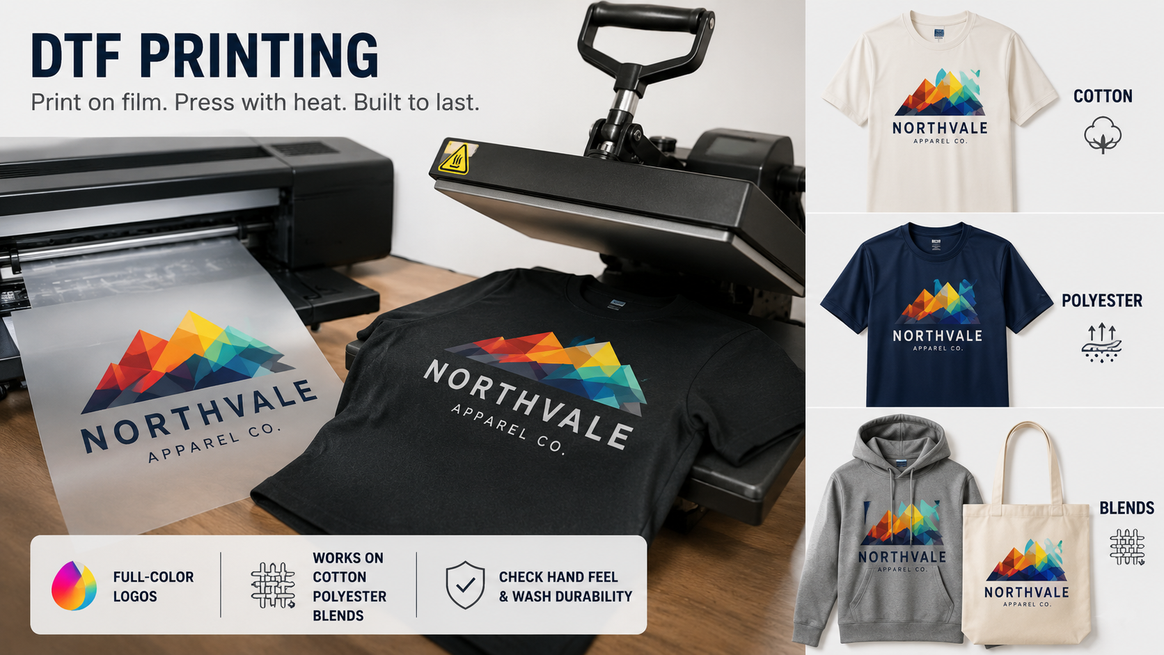 DTF printing on custom T-shirts showing vibrant full-color logo application