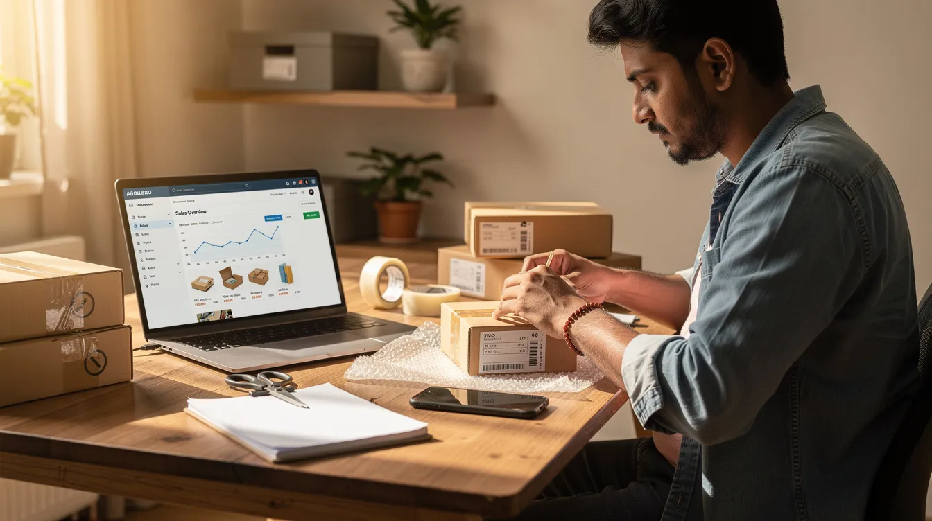 A young Indian entrepreneur is seen packing products at a home desk, with a laptop open displaying an online marketplace dashboard. This scene reflects the spirit of small and micro enterprises, highlighting the importance of financial assistance options like mudra loans for business growth and income generation.