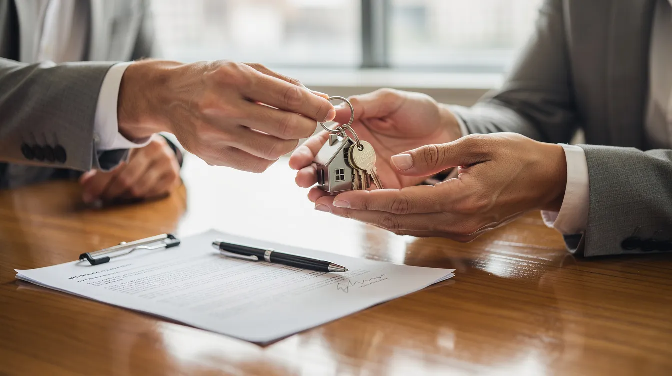 A person is handing over house keys across a wooden table, symbolizing the completion of a property transaction. This moment captures the essence of real estate investment, where buyers may consider factors like the property's rental income and cash flow to make informed decisions in New York's competitive market.