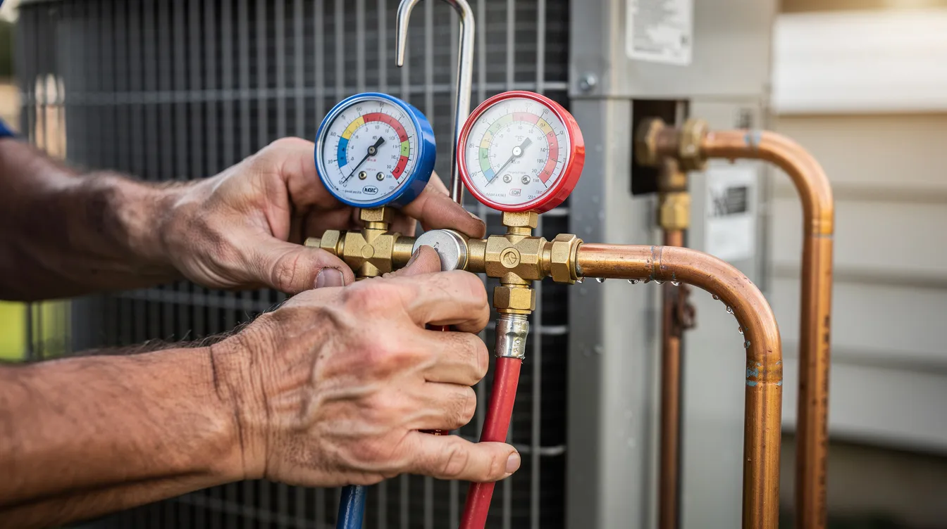 The image shows a close-up of an HVAC technician's hands carefully adjusting refrigerant gauges on copper lines connected to an air conditioning unit. This detailed view highlights the technician's expertise in ensuring proper airflow and efficiency for the HVAC system, which can ultimately influence energy bills and long-term savings for homeowners.