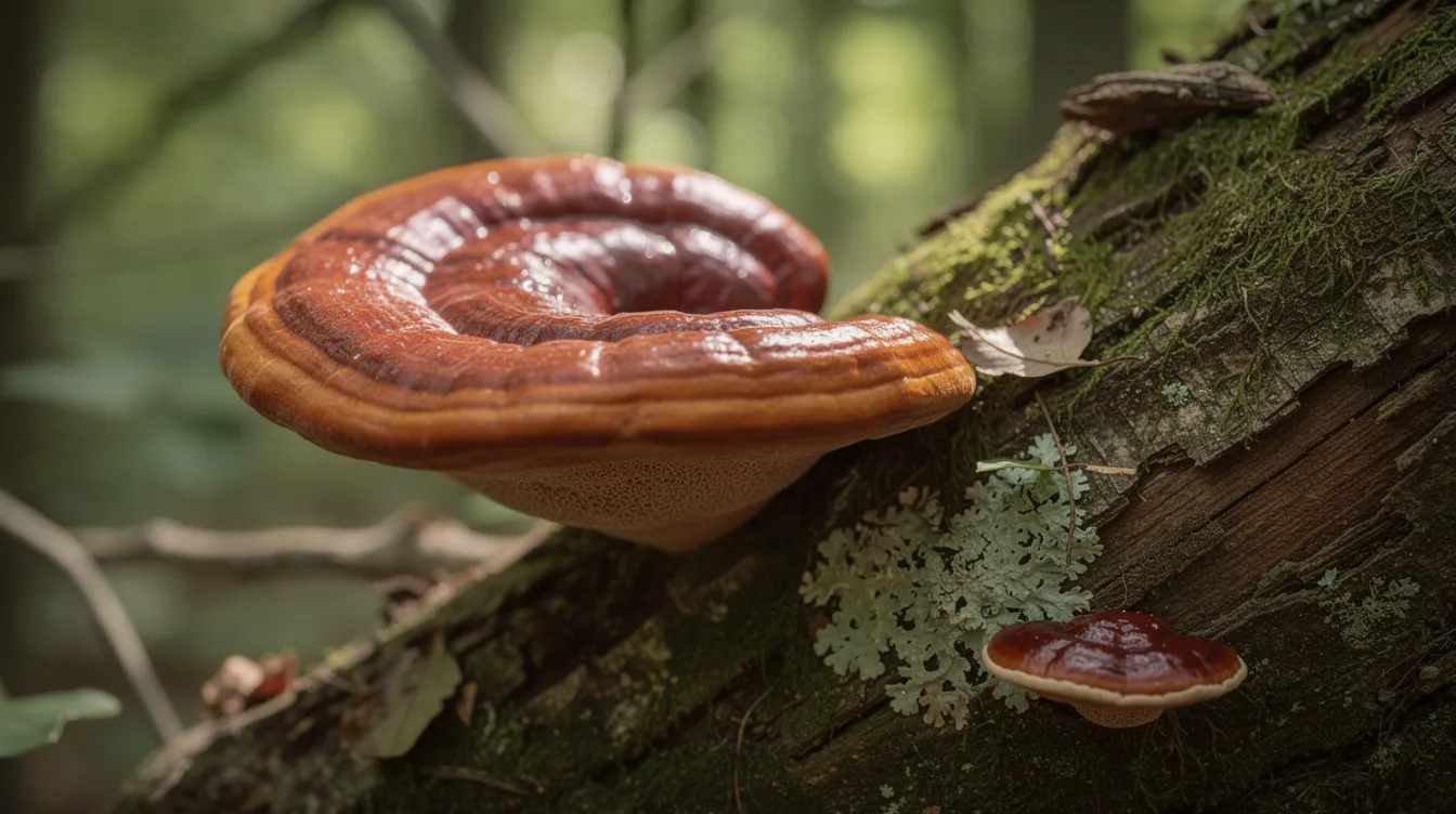 A close-up view of a glossy reddish-brown reishi mushroom, also known as Ganoderma lucidum, growing on the side of a fallen hardwood tree trunk in a lush forest. This mushroom is renowned for its medicinal properties and potential health benefits, including support for the immune system and antioxidant support.