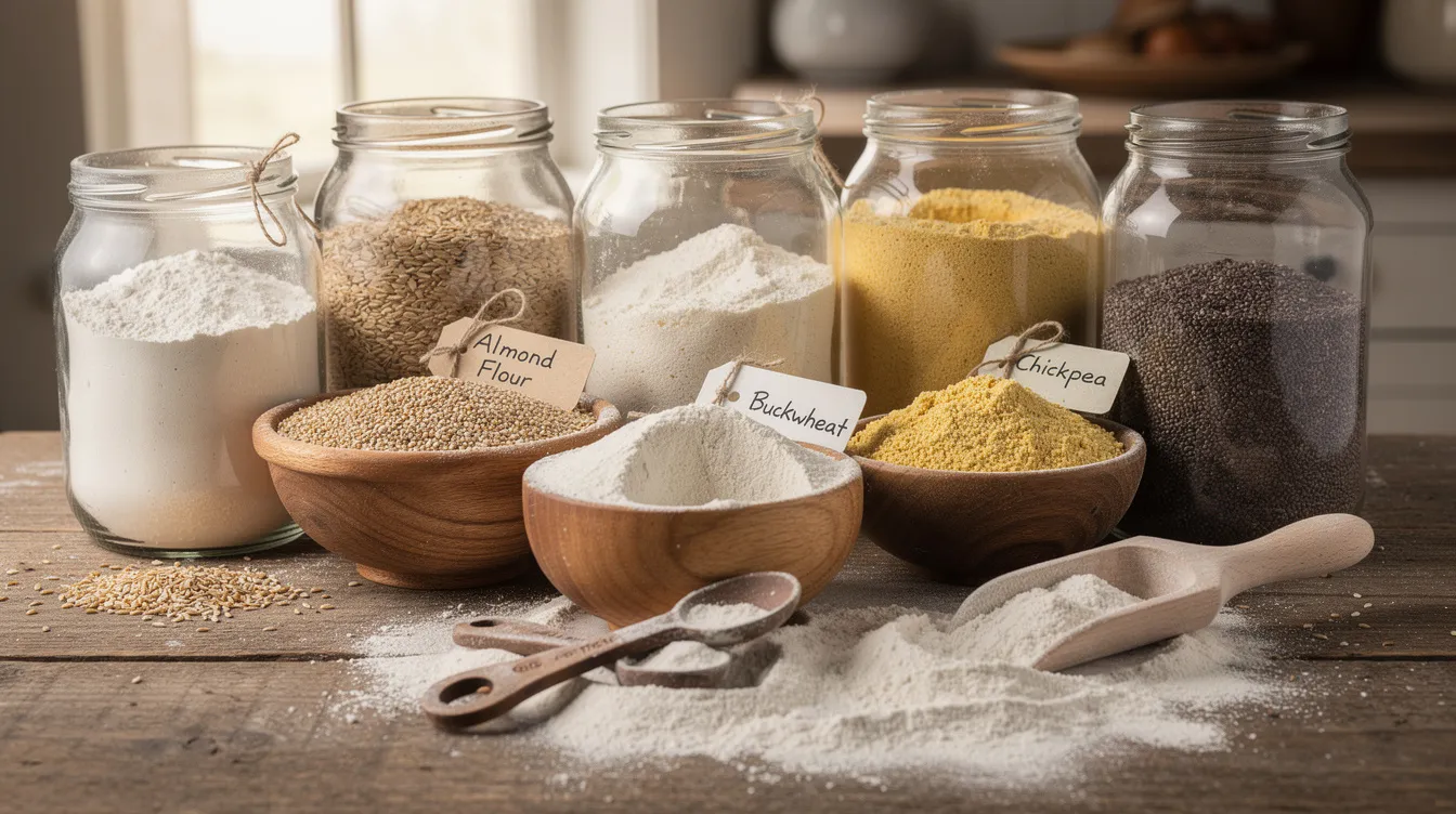 The image features an assortment of specialty flours, including wheat flour, displayed in glass jars and wooden bowls on a rustic table, highlighting the diversity of raw materials used in flour production. This arrangement reflects the potential for a flour mill project, emphasizing the importance of quality ingredients in the manufacturing process.