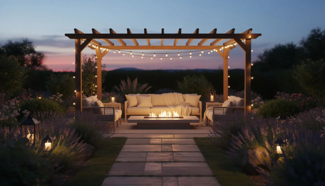 A serene twilight backyard wellness retreat features warm string lights draped over a pergola, illuminating comfortable cushioned seating near a fire feature. Lavender plants line the pathway, enhancing the calming environment with their fragrant aroma, creating an inviting outdoor space for relaxation and quiet contemplation.