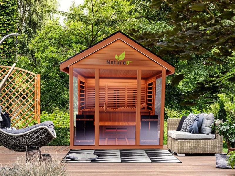 Picture of an outdoor installation option for personalized saunas.