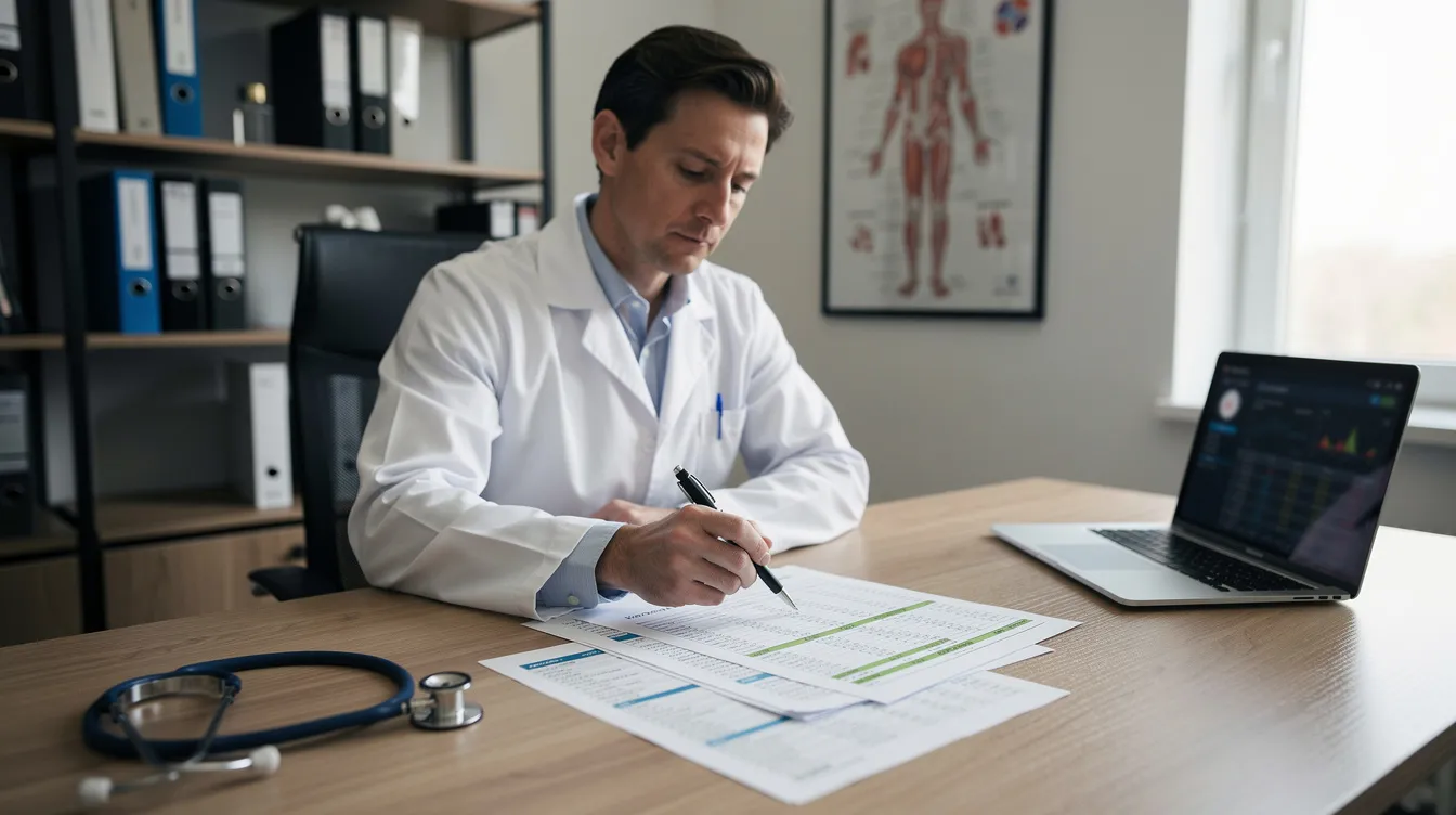 6b530c70 2a8c 4fb0 8e12 c63ce66676bb A doctor is seated at a desk, reviewing financial documents on a laptop, likely assessing options for hospital loans or working capital to improve healthcare access. The scene highlights the importance of financial solutions in the healthcare sector for purchasing medical equipment and managing loan repayment.