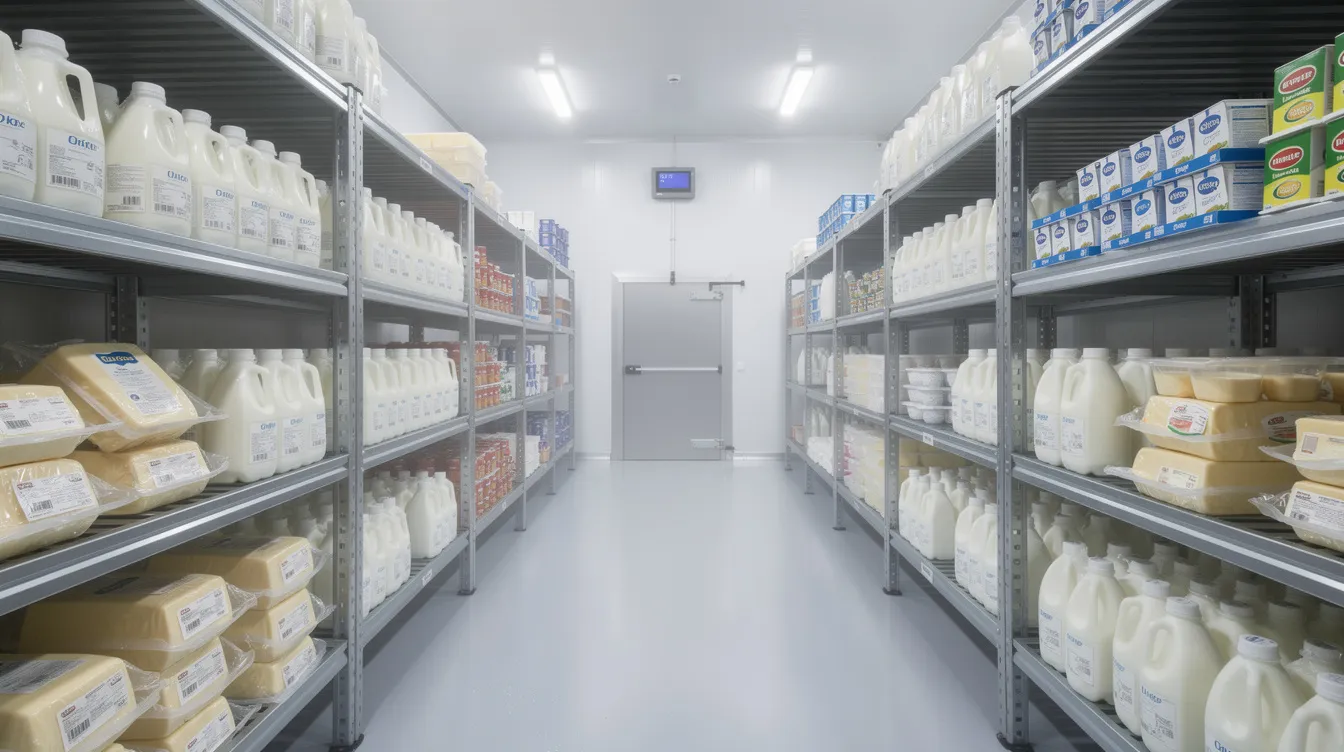 The image depicts a refrigerated cold storage room in a commercial dairy processing plant, filled with shelves of packaged dairy products such as milk, flavored milk, and milk powder. This facility is essential for maintaining food hygiene and ensuring the quality and shelf life of processed dairy products in the dairy industry.