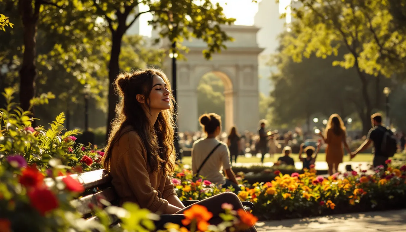 People enjoying a sunny day in Washington Square Park, ideal for people watching.