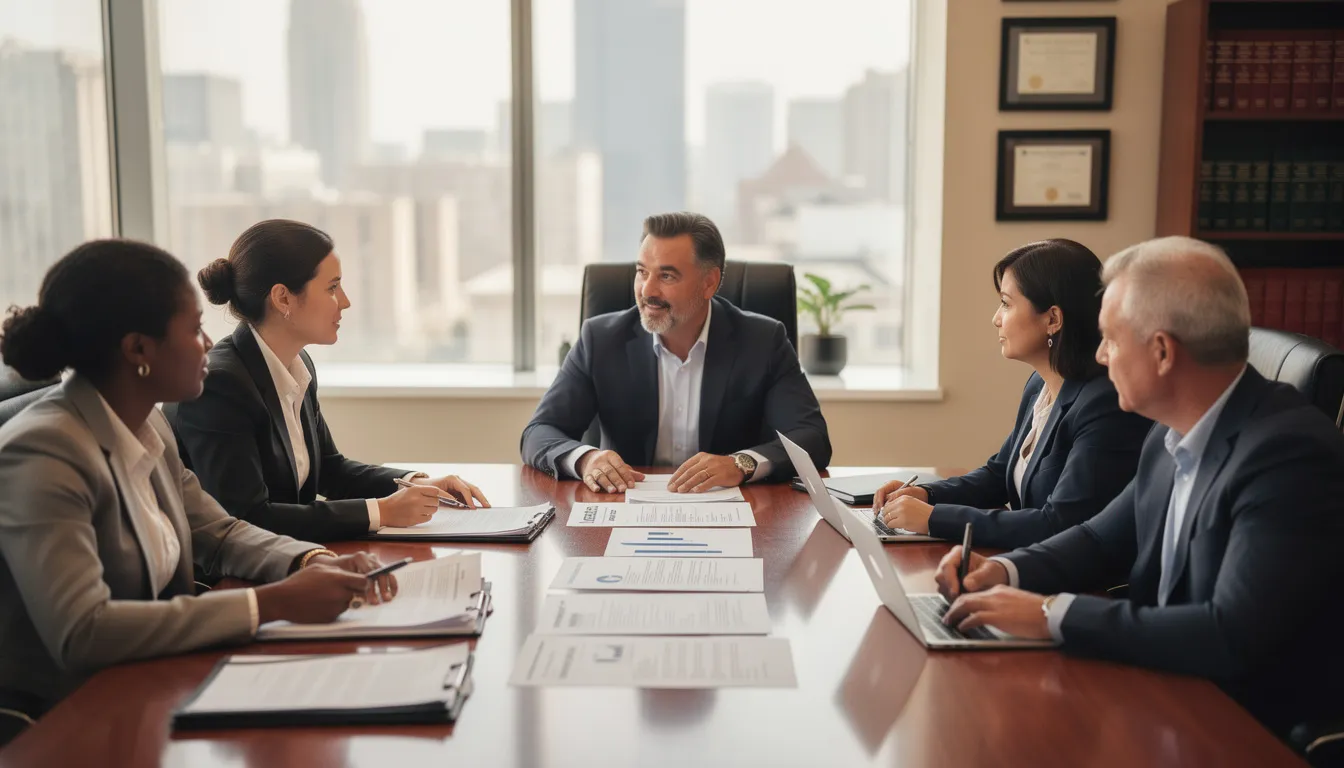 A diverse group of clients is consulting with a bilingual attorney around a conference table filled with legal documents, discussing various legal issues related to family law, such as divorce and spousal support. The atmosphere is professional, reflecting the attorney's commitment to providing personalized attention and support to families in Torrance and the surrounding areas.