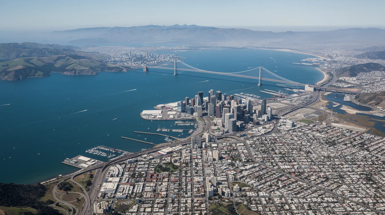 An aerial view of the San Francisco Bay Area showcases the iconic Golden Gate Bridge alongside the urban landscape filled with buildings and greenery. This vibrant scene highlights the region's beauty and complexity, reflecting the bustling environment where auto transport services, including car shipping and vehicle transportation, play a crucial role in connecting major cities like San Francisco and Los Angeles.