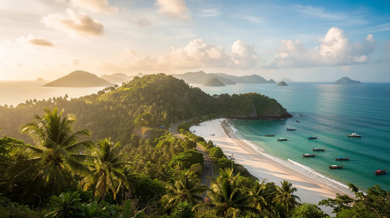 A imagem retrata uma bela paisagem de Phuket, na Tailândia, durante o verão, com suas praias de areia branca e águas cristalinas, rodeadas por palmeiras e montanhas ao fundo. É um destino popular para turistas que buscam relaxar ao ar livre e aproveitar a vida noturna vibrante da região.