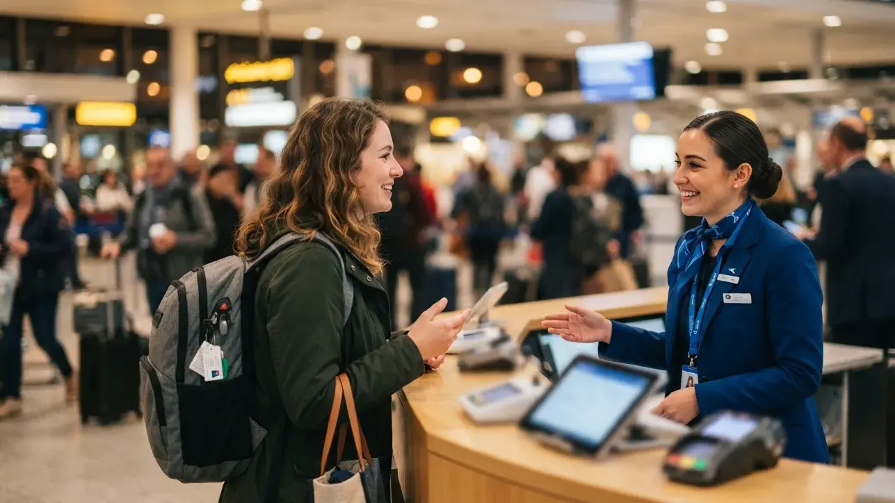 International transit desk checking a connecting passenger's documents