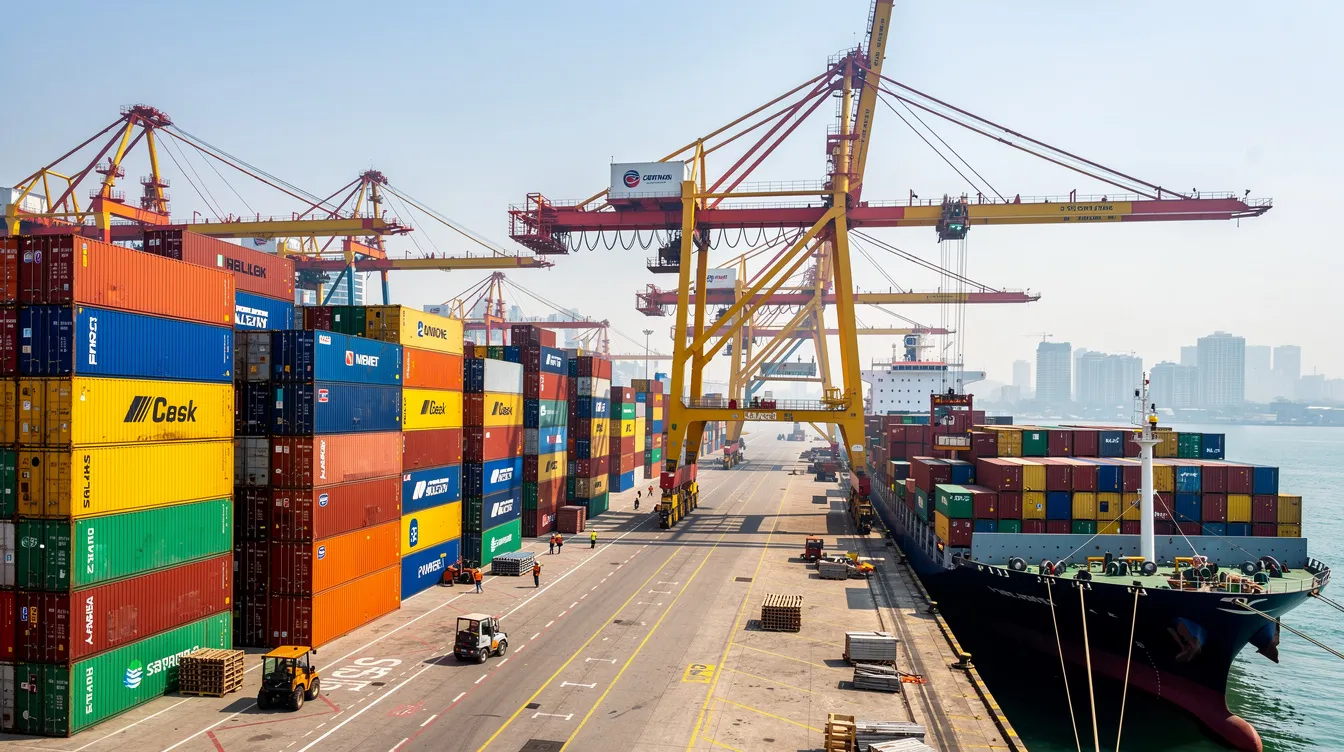 6b636927 21e4 4c19 9f70 1daff6c99a92 The image depicts a bustling Indian shipping port filled with colorful cargo containers stacked high beside large cranes, symbolizing the vibrant landscape of the import export business. This scene reflects the critical role of international trade in connecting global markets and facilitating the export of various goods, including textiles and spices, to meet international demand.