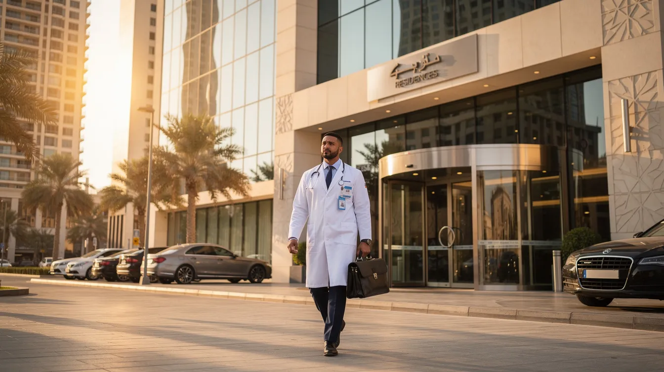 A doctor carrying a medical bag approaches the entrance of a modern apartment building in Dubai, symbolizing the availability of healthcare services and medical assistance in urban settings. This scene reflects the commitment of healthcare professionals to provide efficient care and expert medical attention right at the doorstep of patients.