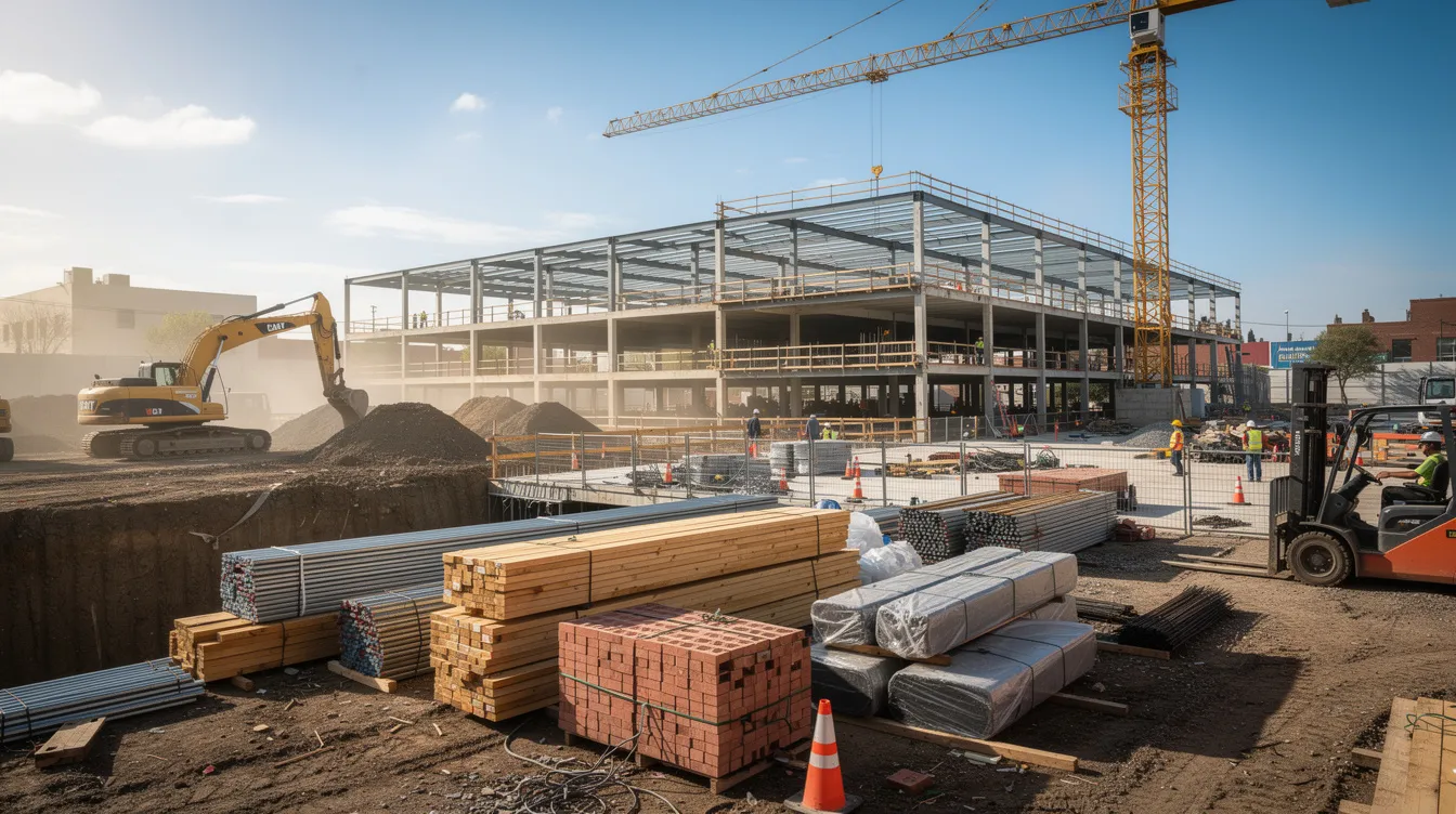 The image depicts a bustling commercial construction site filled with various building materials and heavy equipment, showcasing workers engaged in the construction process. This scene reflects the complexities of business litigation, where parties may seek legal remedies, including temporary restraining orders, to protect their interests and prevent irreparable harm during construction disputes.