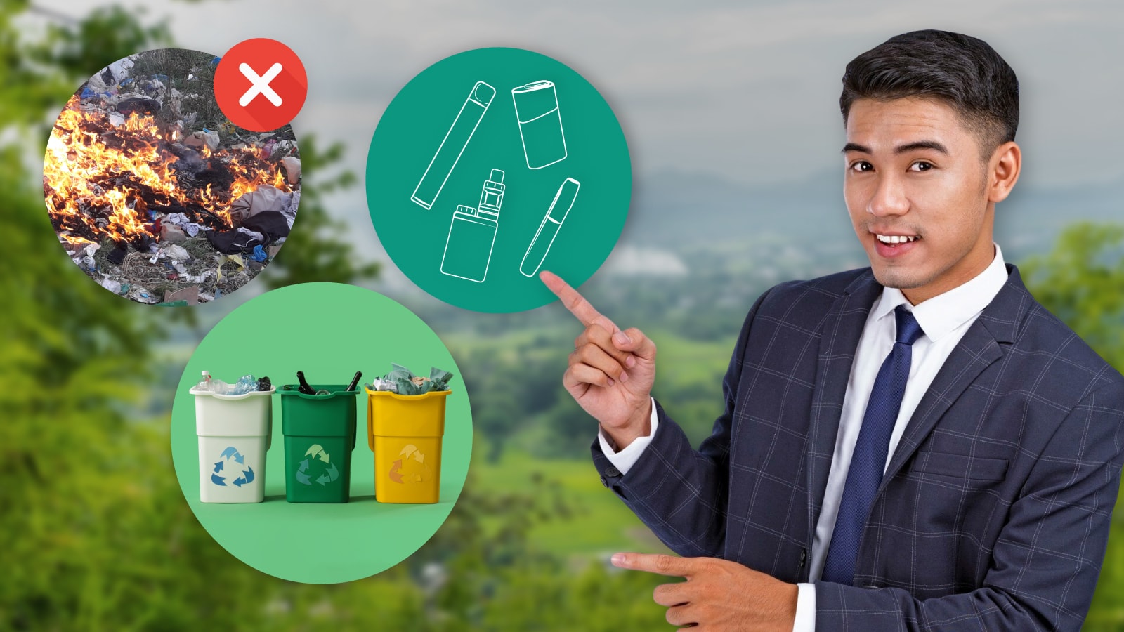 Pria menunjuk ke ikon daur ulang dan produk tembakau alternatif, serta gambar pembakaran sampah dengan tanda silang.