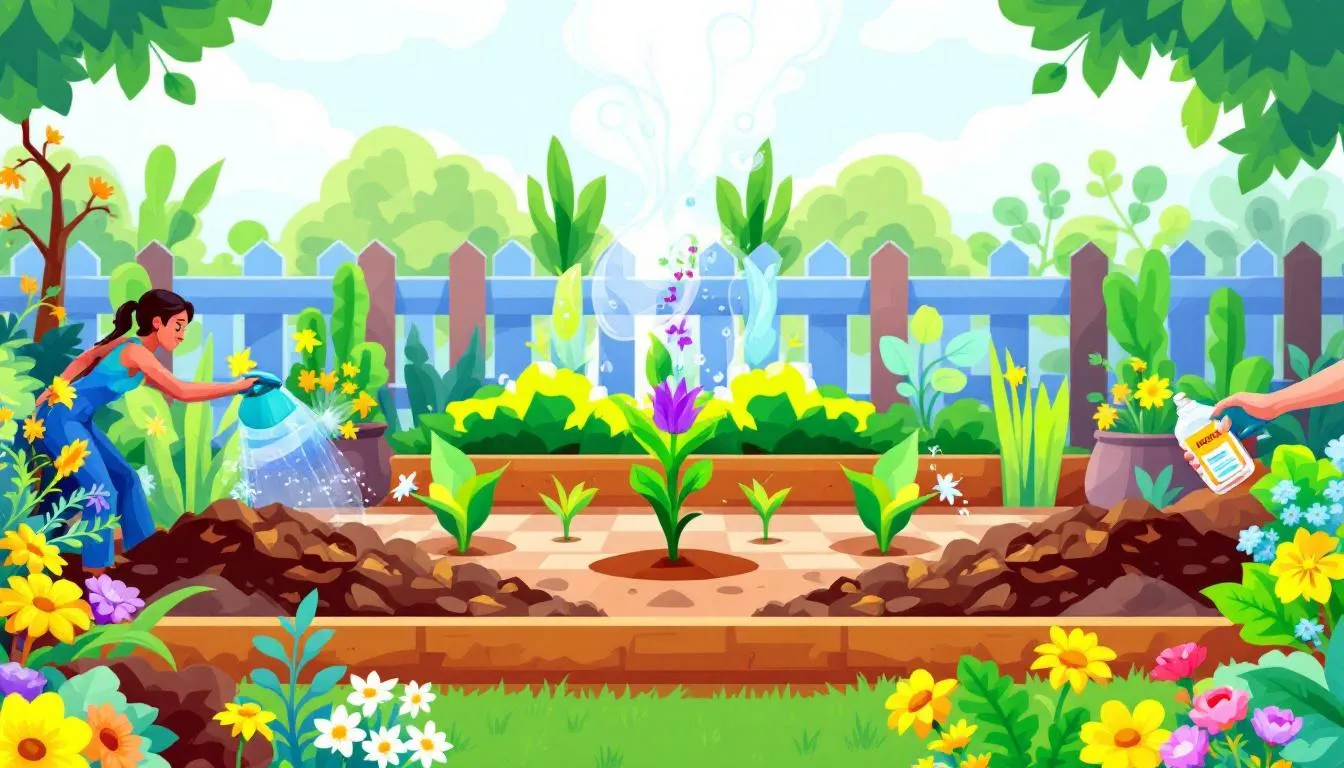 Natural weed killers being utilized in a garden. Natural weed killers being utilized in a garden.