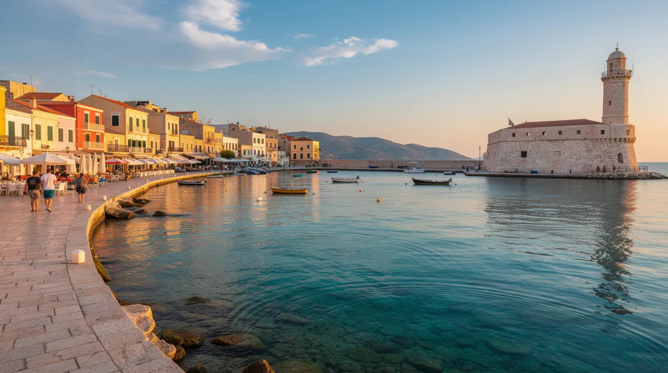 A imagem mostra uma vista deslumbrante do centro histórico de Chania, na Grécia, com suas ruas de paralelepípedos e edifícios de arquitetura veneziana. O porto veneziano e as águas do mar Egeu refletem a beleza da cidade, enquanto pessoas aproveitam o clima mediterrâneo e as atrações locais, como a igreja de São Nicolau e o mercado municipal.