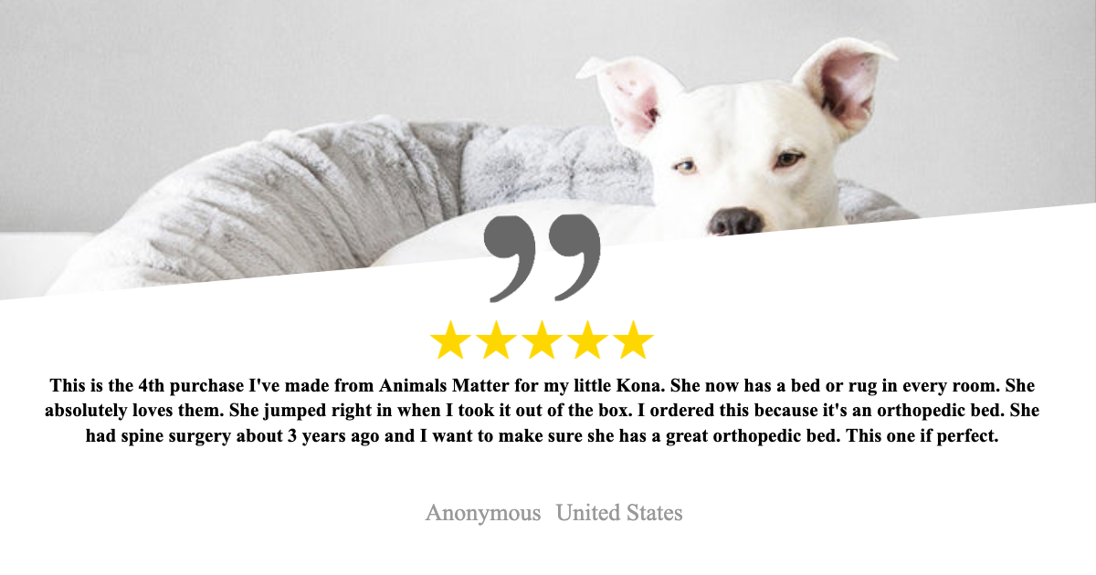 A white donut dog bed with a customer review and a high bolster design