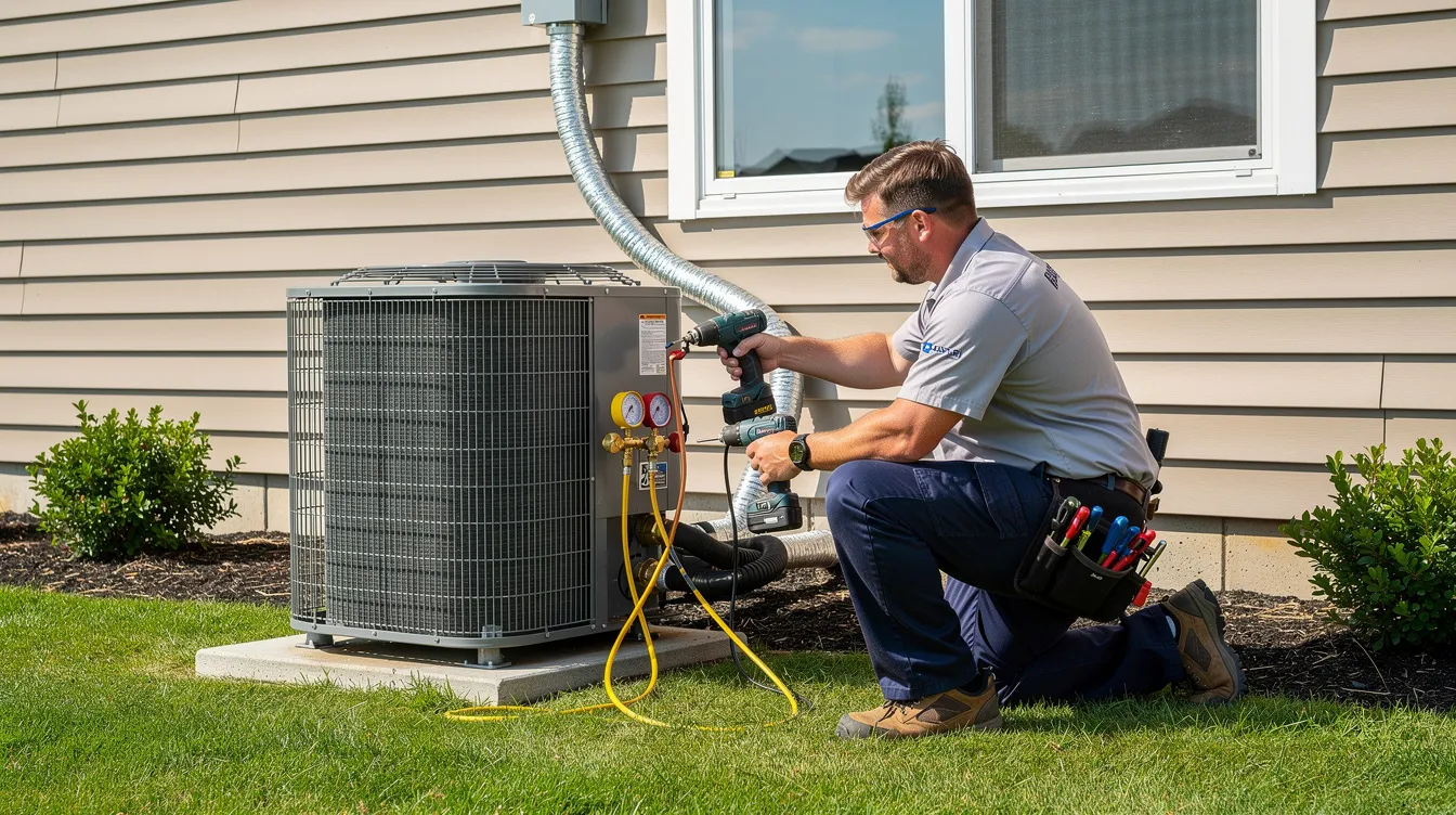 An HVAC technician is seen installing an air conditioning unit on the side of a residential home, demonstrating essential HVAC services for improved indoor air quality. This scene highlights the importance of local HVAC contractors in the Orlando area, showcasing their expertise in HVAC installation and maintenance.
