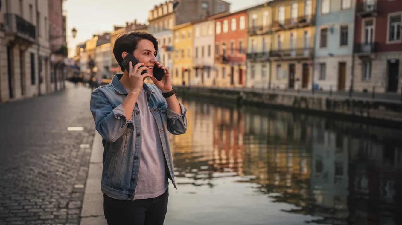 A person is standing near a picturesque canal in a European city, holding a smartphone to their ear as they make a call. The scene captures the essence of urban life, with the canal reflecting the surrounding architecture, suggesting a moment of connection, possibly an international call from the Netherlands.