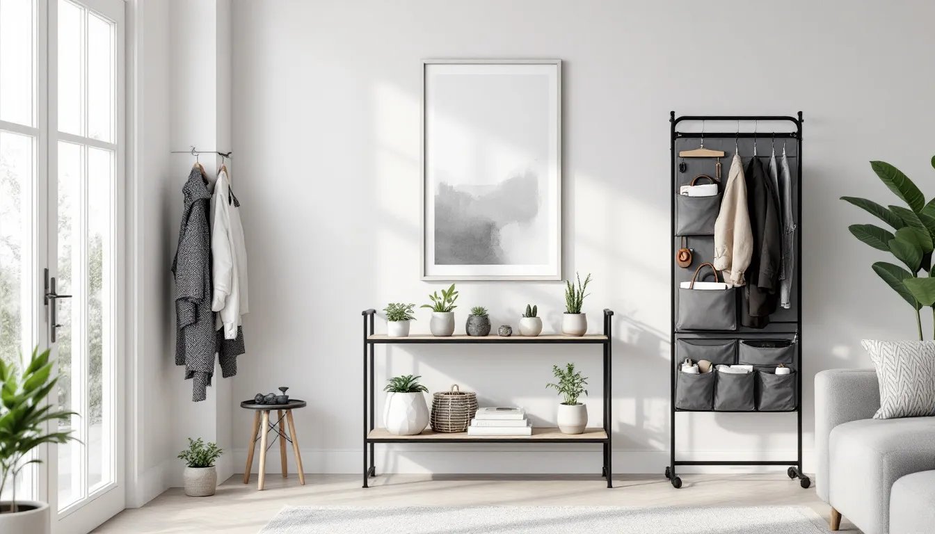 Innovative storage solutions like freestanding shelves and over-the-door organizers in a rental space.