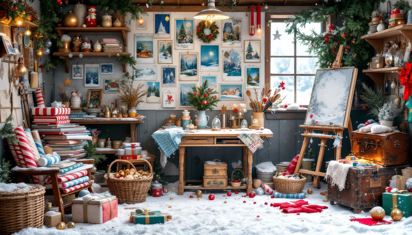 A creative workspace with holiday-themed content creation materials for crafting compelling stories.