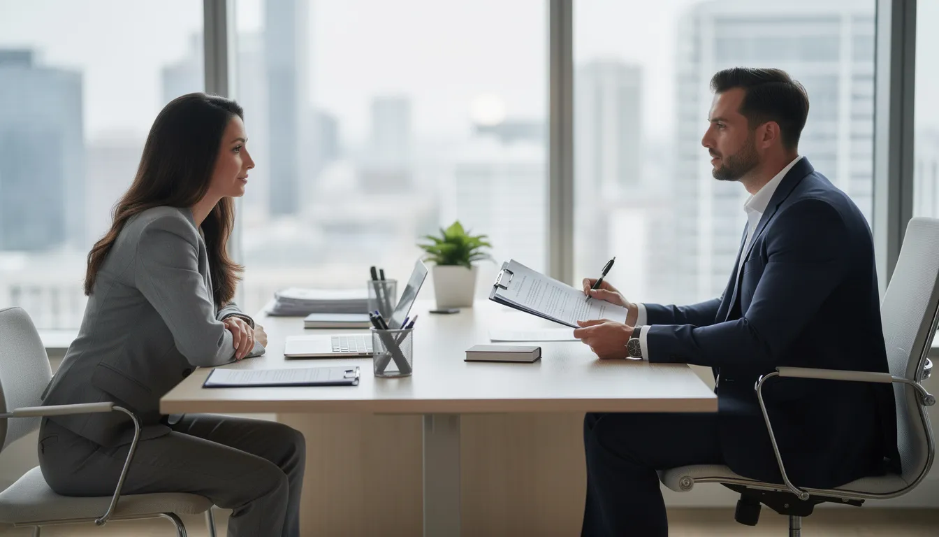 L'image montre une consultation professionnelle entre un avocat et un client dans un bureau moderne, où ils discutent de sujets tels que l'exit tax et le transfert de domicile fiscal. L'ambiance est sérieuse, avec des documents juridiques et des ordinateurs sur la table, reflétant l'importance de la fiscalité pour les chefs d'entreprise et les contribuables.