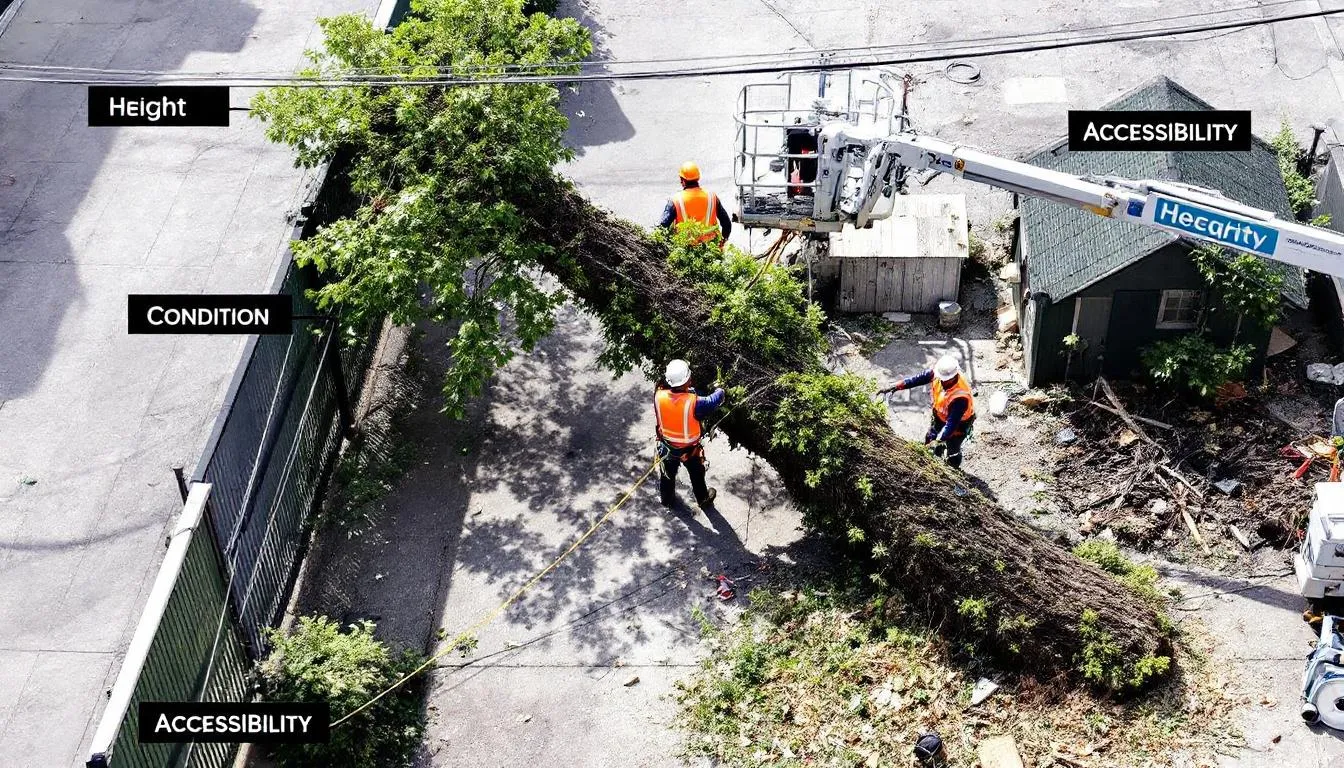 A tree removal crew is working in a challenging site with limited access, utilizing a lift and ropes to navigate around obstacles like a fence, shed, and utility lines. The image features labels indicating "Height," "Condition," and "Accessibility," highlighting the complexities involved in professional tree removal services.