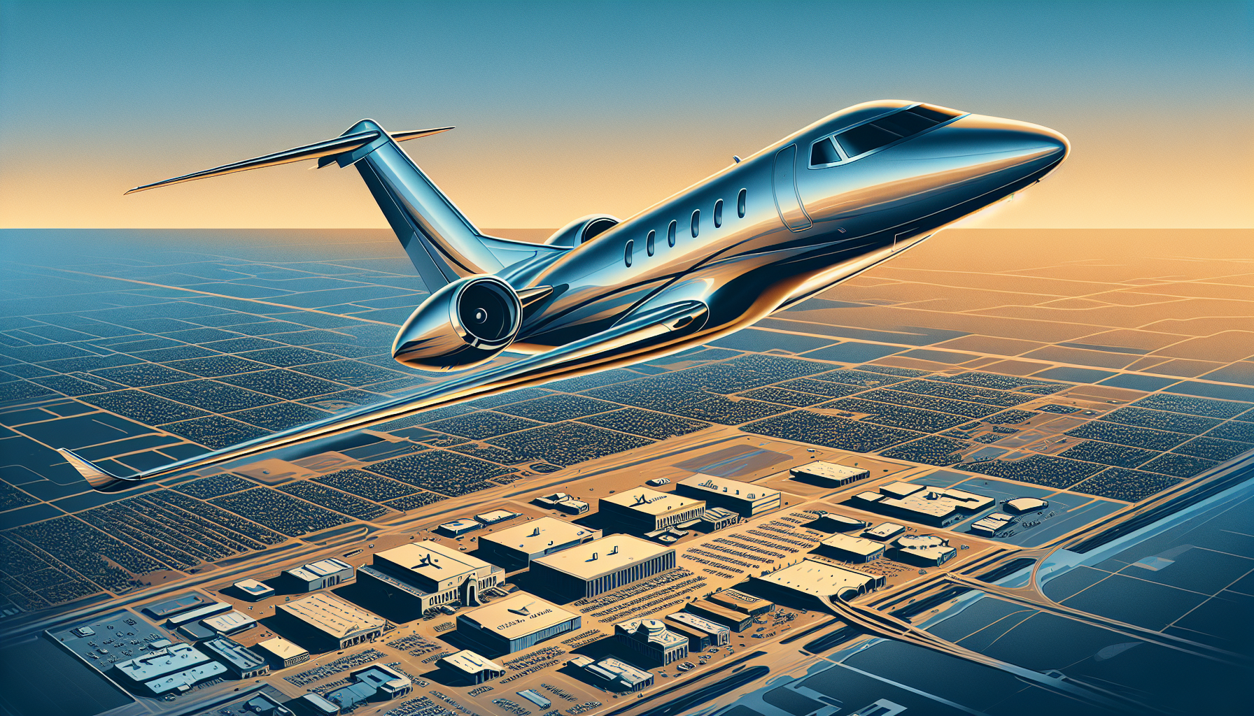 Illustration of a private jet flying over Visalia Municipal Airport