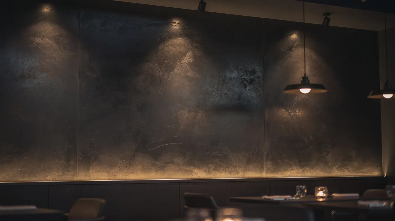 The image features a dark polished plaster wall in a moody restaurant, enhanced by warm lighting that creates a cozy atmosphere. The rich texture of the wall showcases the elegance of high gloss venetian plaster, adding depth and sophistication to the rustic interiors.