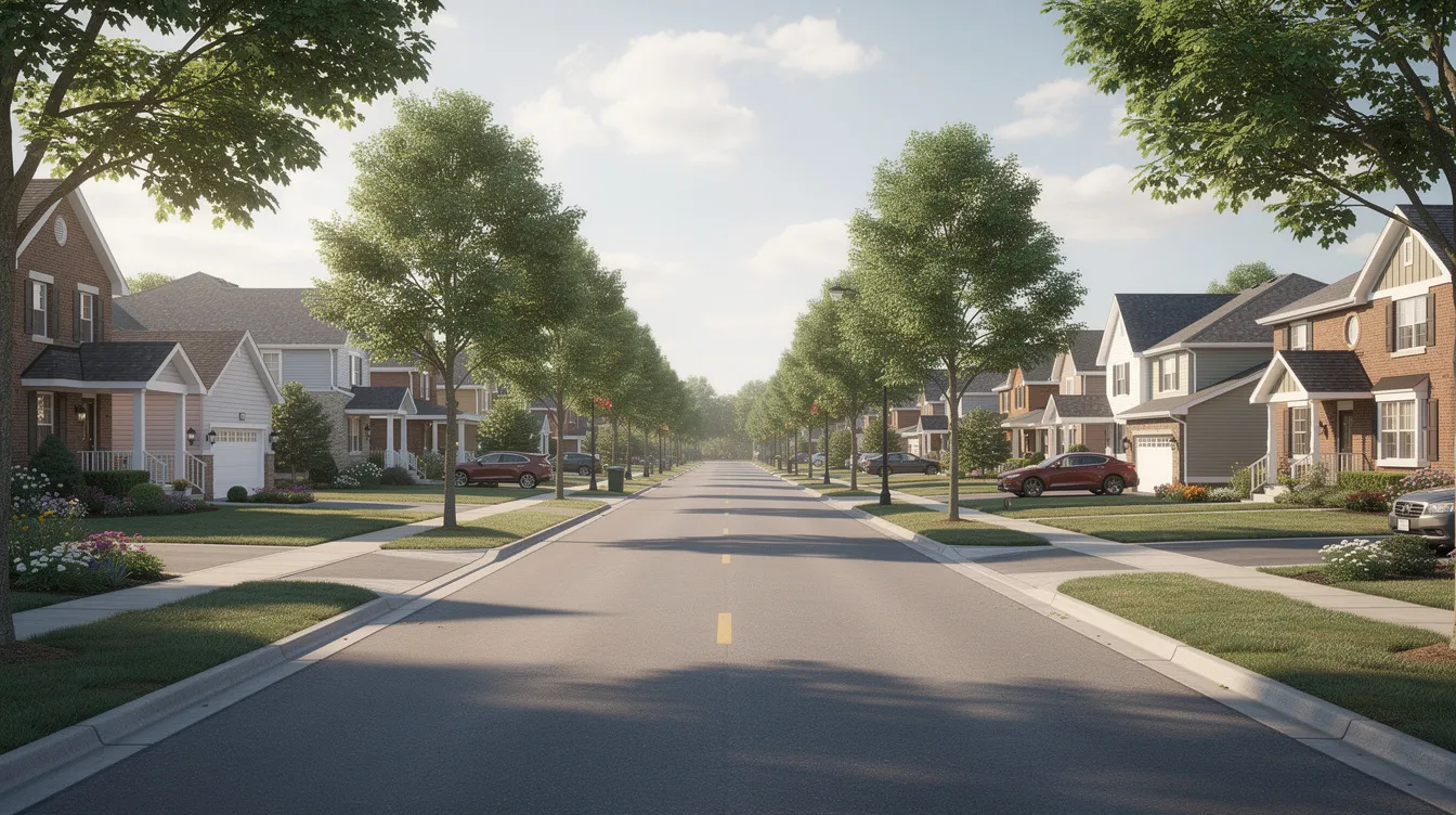 The image depicts a peaceful residential neighborhood street lined with lush trees and charming homes, creating a serene atmosphere. This setting could be ideal for families considering auto transport services in North Carolina, as it reflects a typical community where vehicle delivery and car shipping companies operate.