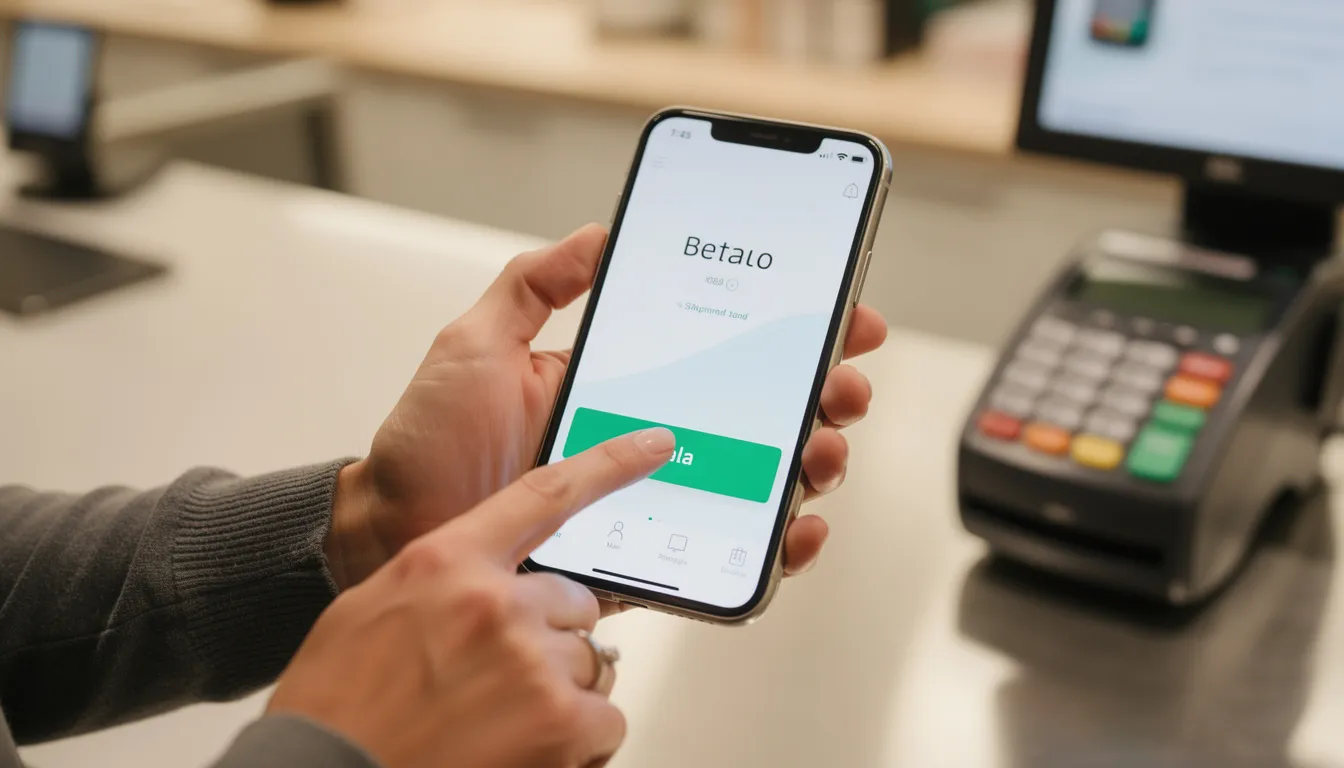 En person håller en smartphone och använder mobilbank för att göra en betalning, vilket visar hur enkelt det är att hantera insättningar och uttag direkt från mobilen. I bakgrunden kan man ana ett casino-tema, vilket ger en känsla av att vara en del av den spännande världen av online-spel, som hos Spinlovers.